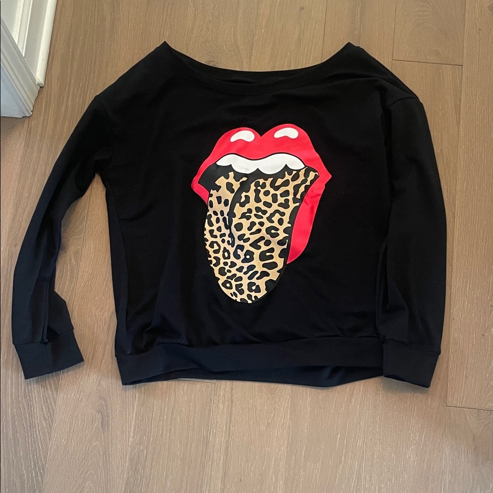 Black Sweatshirt with Red Lips and Leopard Tongue